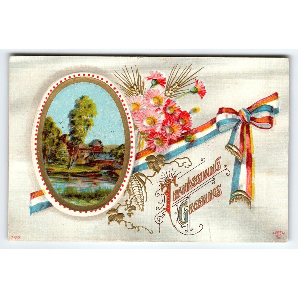 Vintage 1911 Thanksgiving Greetings Lithograph Postcard Scenic Mill